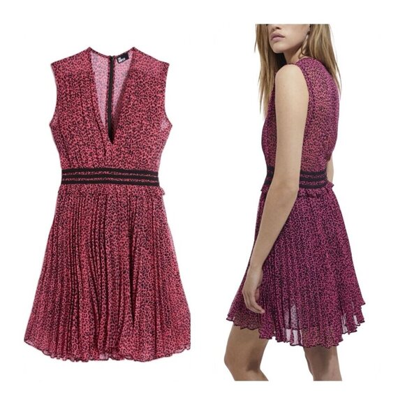 NWT THE KOOPLES Short Pleated Pink & Black Leopard Print Dress Deep V-Neck Sz 6‎ - Picture 1 of 15